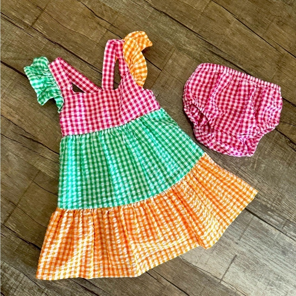 Toddler Bonnie Baby‎ Summer Gingham Dress with Bloomers and Bucket Hat